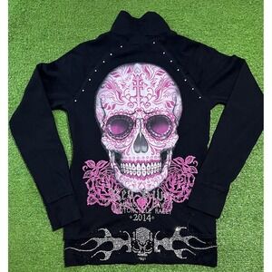 Retro Y2K Biker Jacket LG Black Mock Neck‎ Crystal Skull Flames  Hot Pink Bling